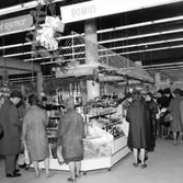 Konsum Domus, affärsinteriör, kunder och personal. Juldisk.