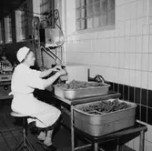 Konsum, charkuteriavdelningen, interiör, korvtillverkning, en kvinna.