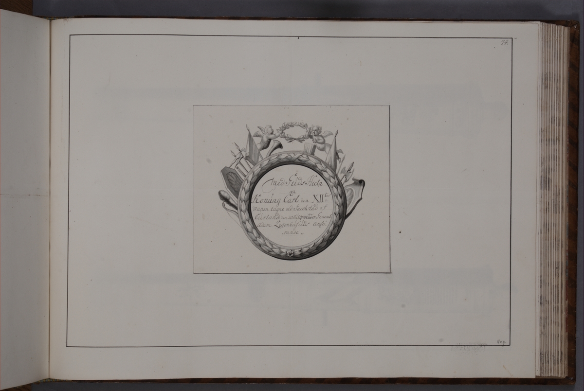 Kjell Hedberg, Kartusch till bokverk med avbildningar föreställande eldrör tagna som troféer av den svenska armén åren 1703-1706, utförda av syskonen Anna Maria och Philip Jakob Thelott. Avser troféer tagna vid Jakobstadt den 20 juli 1704 under general Adam Leijonhufvuds (Lewnhaupt) anförande. Kartuschen troligen…