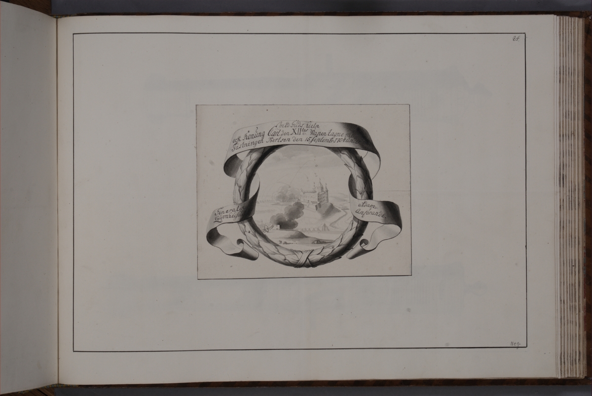 Kjell Hedberg, Kartusch till bokverk med avbildningar föreställande eldrör tagna som troféer av den svenska armén åren 1703-1706, utförda av syskonen Anna Maria och Philip Jakob Thelott. Avser troféer tagna med fästningen Bertzen den 15 september 1704 under general Adam Leijonhufvuds (Lewenhaupt) anförande. Kartu…