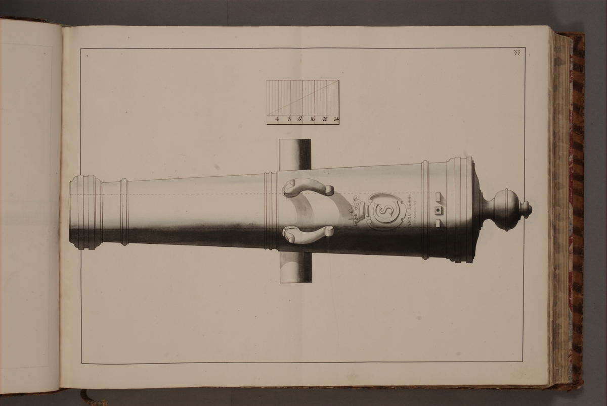 Kjell Hedberg, Avbildning föreställande gammalt svenskt metallstycke som legat på rikets fästningar, med svensk kungakrona och årtalet 1644. Ingår i volym med avbildade äldre svenska eldrör förvarade på fästningar samt eldrör erövrade åren 1598-1679.