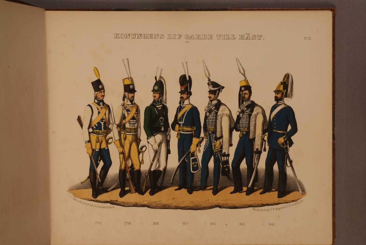 Kjell Hedberg, Plansch med uniform för Livgardet till häst för åren 1770-1845. Plansch i färgtryck efter original av Adolf Ulrik Schützercrantz. Ingår i planschsamlingen Svenska krigsmaktens fordna och närvarande munderingar.