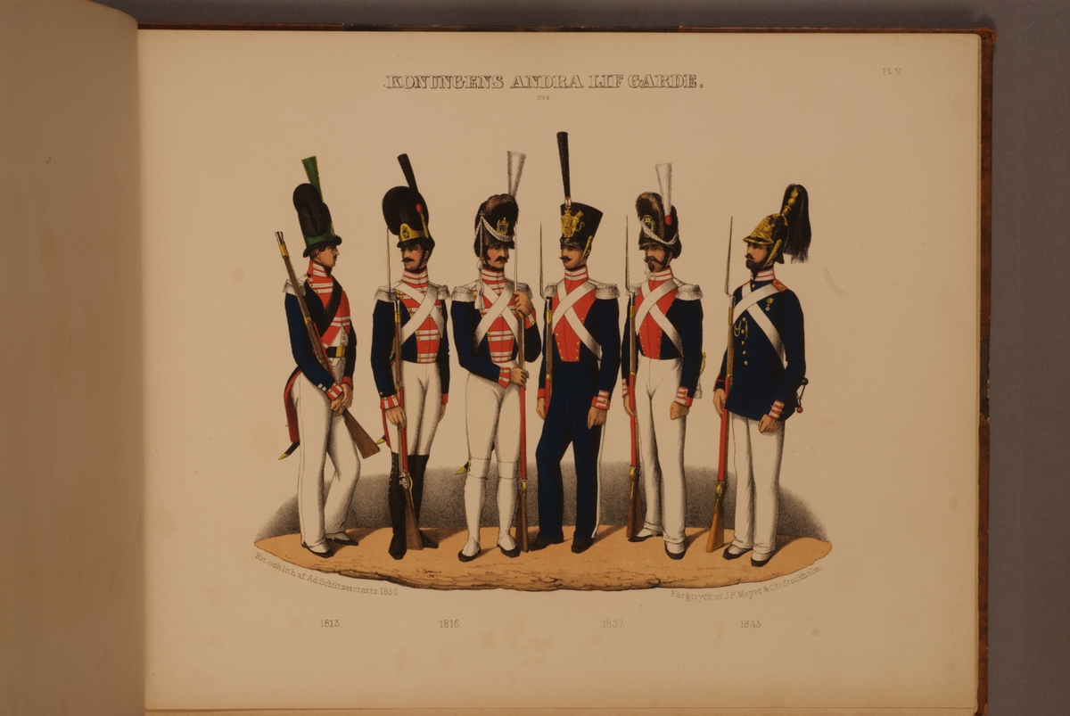 Kjell Hedberg, Plansch med uniform för Andra livgardet för åren 1813-1845. Plansch i färgtryck efter original av Adolf Ulrik Schützercrantz. Ingår i planschsamlingen Svenska krigsmaktens fordna och närvarande munderingar.