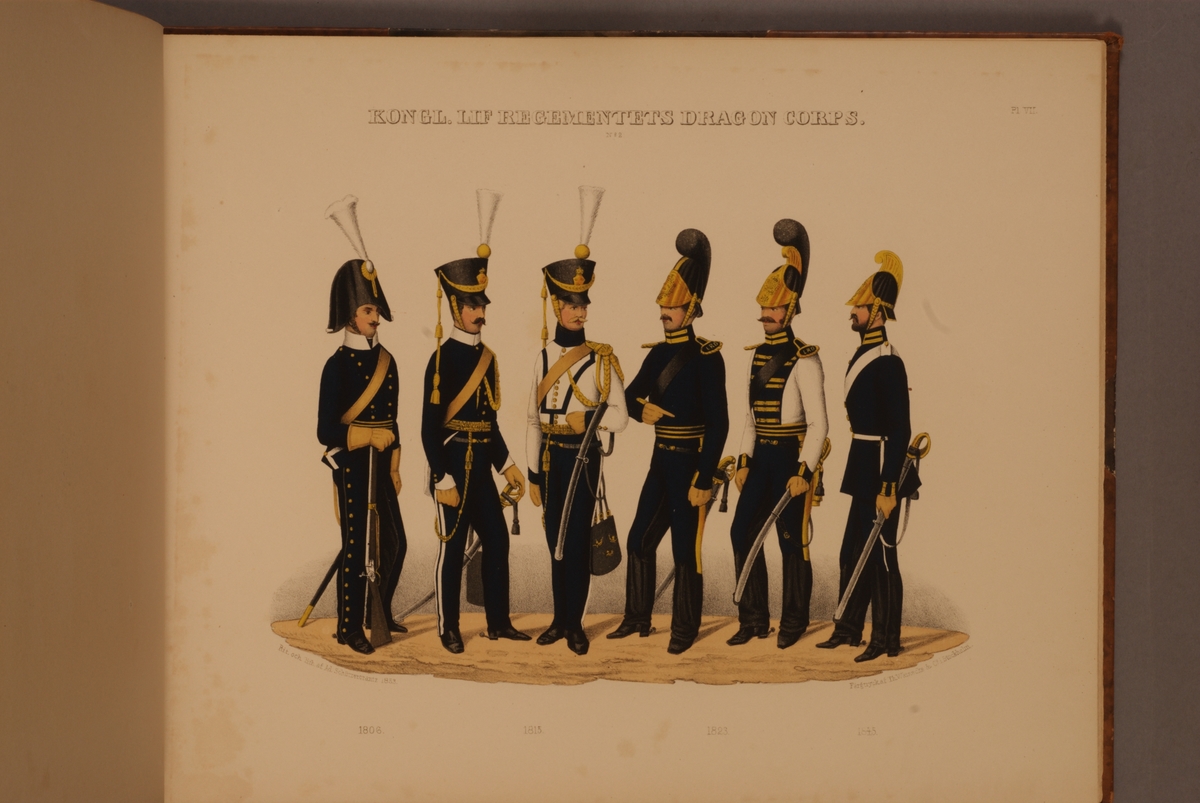 Kjell Hedberg, Plansch med uniform för Livregementets dragonkår för åren 1806-1845. Plansch i färgtryck efter original av Adolf Ulrik Schützercrantz. Ingår i planschsamlingen Svenska krigsmaktens fordna och närvarande munderingar.