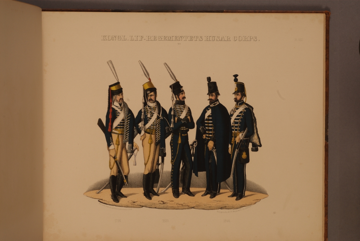Kjell Hedberg, Plansch med uniform för Livregementets husarkår för åren 1796-1846. Plansch i färgtryck efter original av Adolf Ulrik Schützercrantz. Ingår i planschsamlingen Svenska krigsmaktens fordna och närvarande munderingar.