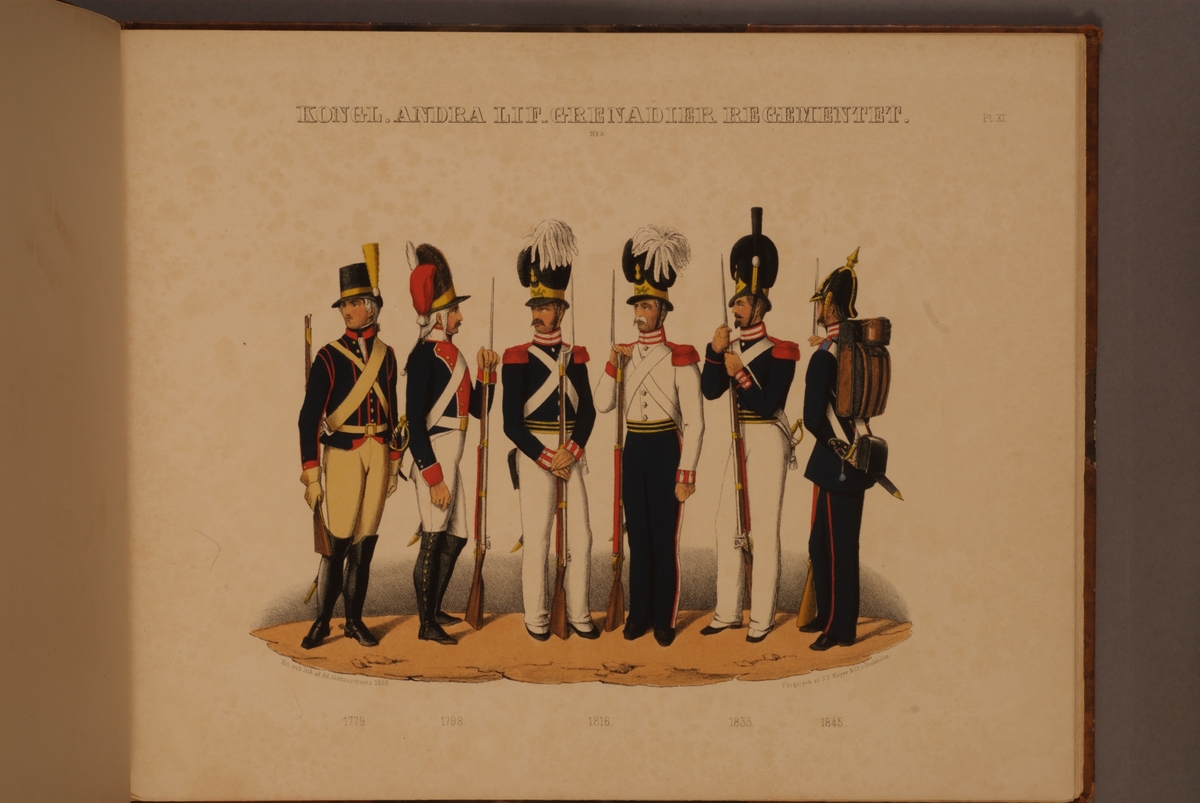 Kjell Hedberg, Plansch med uniform för Andra Livgrenadjärregementet för åren 1779-1845. Plansch i färgtryck efter original av Adolf Ulrik Schützercrantz. Ingår i planschsamlingen Svenska krigsmaktens fordna och närvarande munderingar.