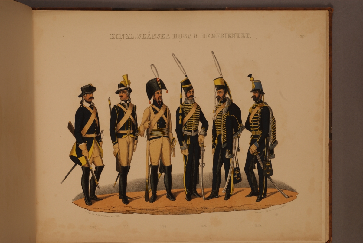 Kjell Hedberg, Plansch med uniform för Skånska husarregementet för åren 1765-1849. Plansch i färgtryck efter original av Adolf Ulrik Schützercrantz. Ingår i planschsamlingen Svenska krigsmaktens fordna och närvarande munderingar.