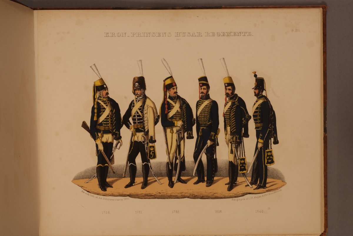 Kjell Hedberg, Plansch med uniform för Kronprinsens husarregemente för åren 1758-1846. Plansch i färgtryck efter original av Adolf Ulrik Schützercrantz. Ingår i planschsamlingen Svenska krigsmaktens fordna och närvarande munderingar.