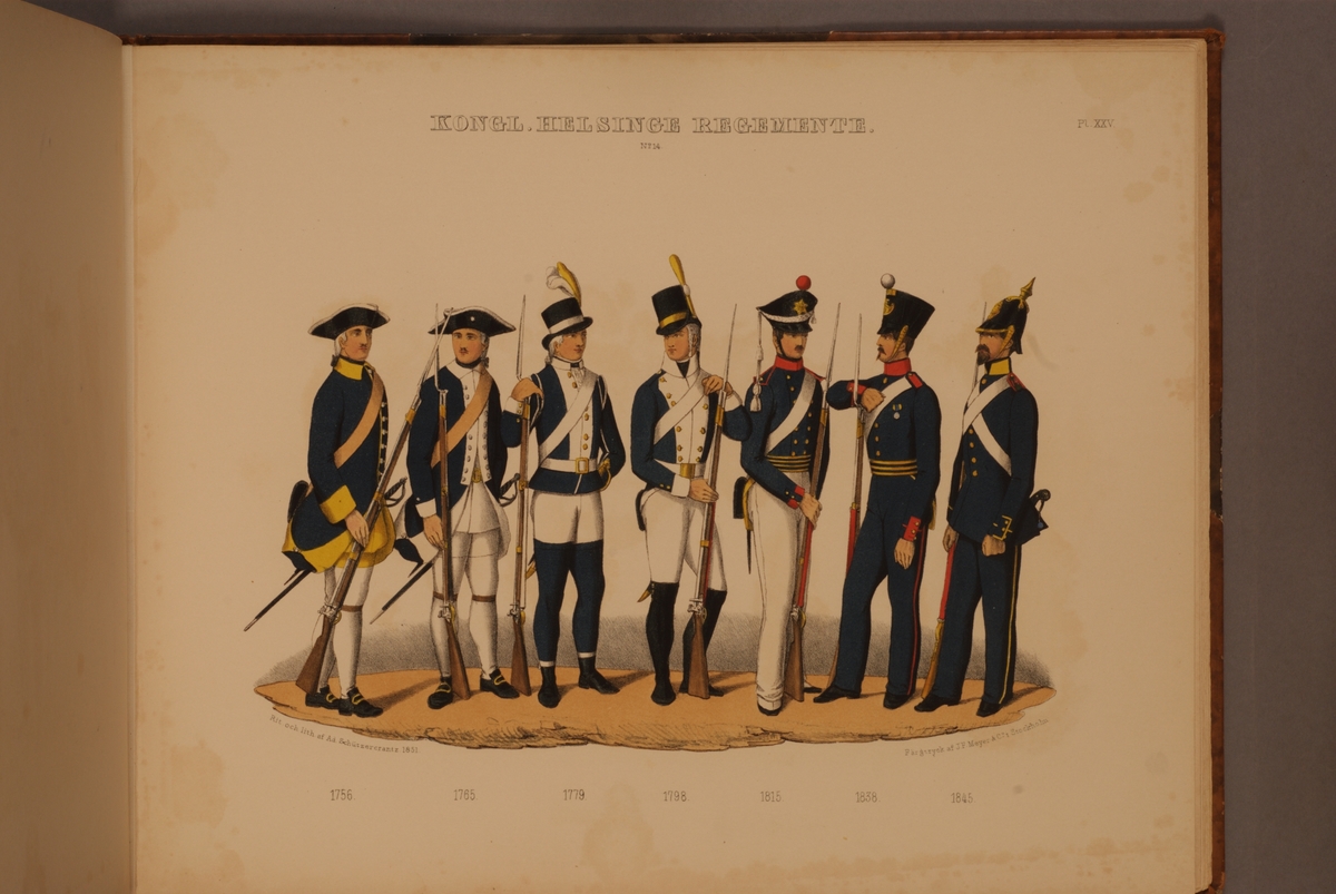 Kjell Hedberg, Plansch med uniform för Hälsinge regemente för åren 1756-1845. Plansch i färgtryck efter original av Adolf Ulrik Schützercrantz. Ingår i planschsamlingen Svenska krigsmaktens fordna och närvarande munderingar.