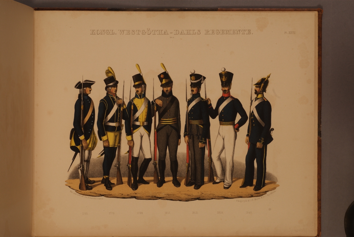 Kjell Hedberg, Plansch med uniform för Västagöta-Dals regemente för åren 1765-1845. Plansch i färgtryck efter original av Adolf Ulrik Schützercrantz. Ingår i planschsamlingen Svenska krigsmaktens fordna och närvarande munderingar.