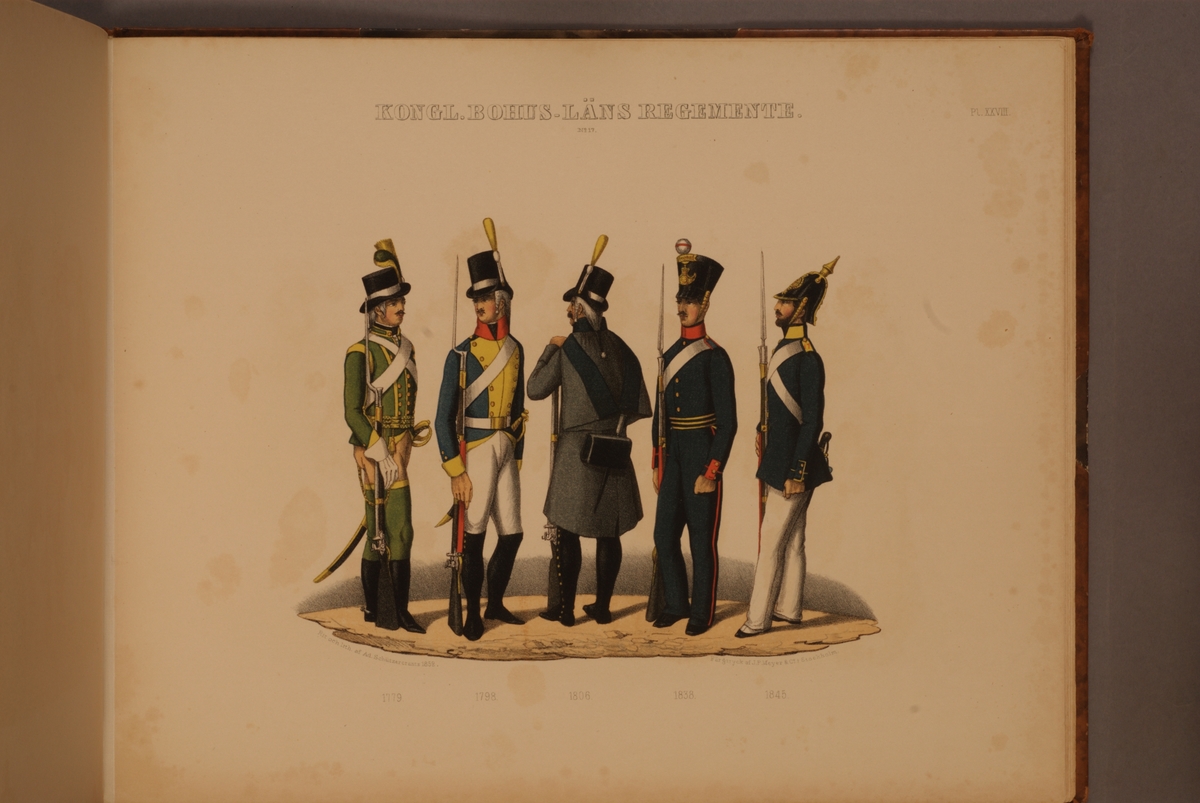 Kjell Hedberg, Plansch med uniform för Bohusläns regemente för åren 1779-1845. Plansch i färgtryck efter original av Adolf Ulrik Schützercrantz. Ingår i planschsamlingen Svenska krigsmaktens fordna och närvarande munderingar.