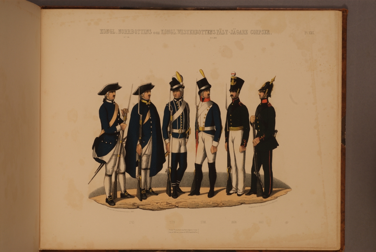 Kjell Hedberg, Plansch med uniform för Norrbottens och Västerbottens fältjägarkår för åren 1765-1845. Plansch i färgtryck efter original av Adolf Ulrik Schützercrantz. Ingår i planschsamlingen Svenska krigsmaktens fordna och närvarande munderingar.