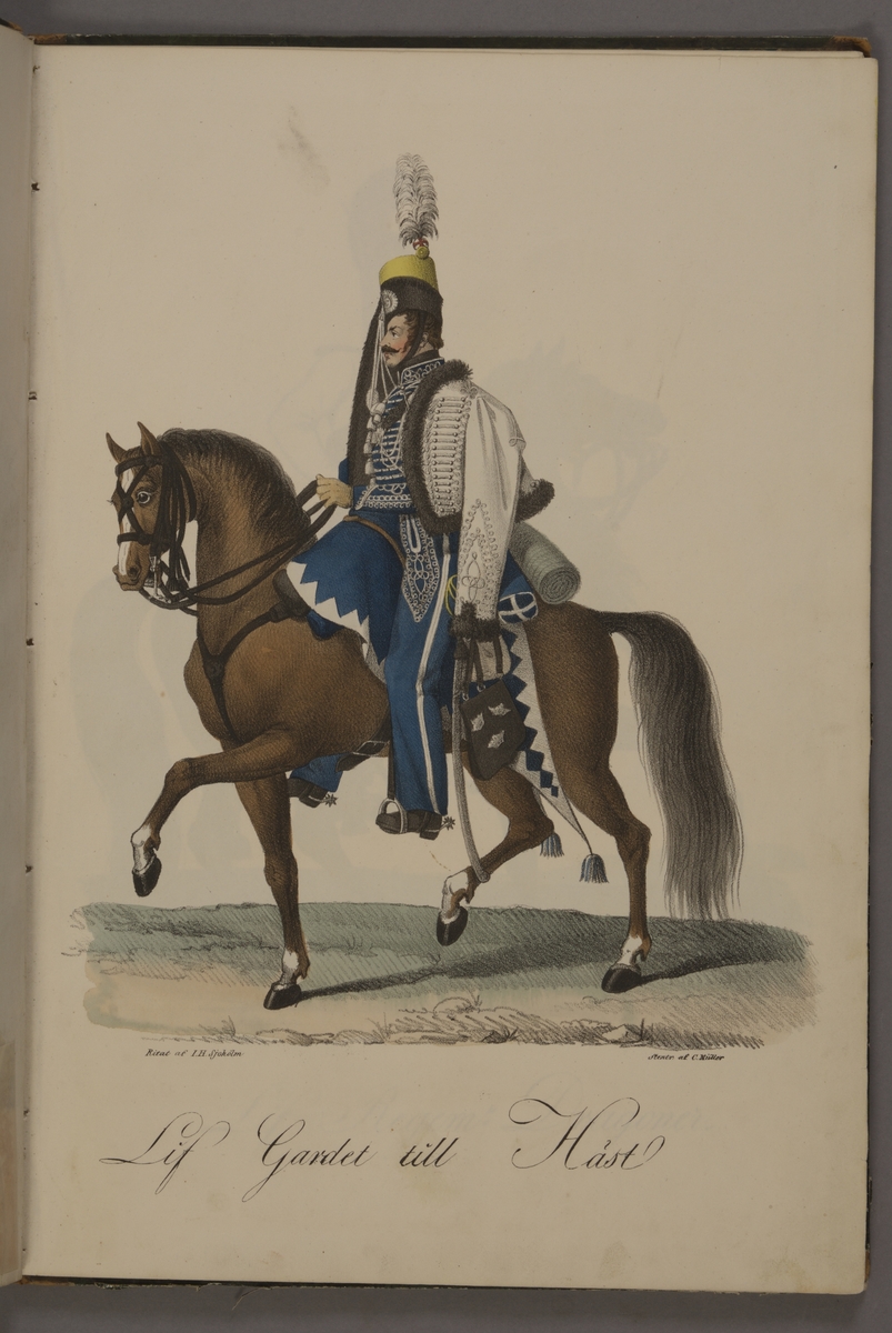 Kjell Hedberg, Plansch med uniform för Livgardet till häst. Handkolorerad litografi efter original av Johan Sjöholm. Ingår i planschsamlingen Kongliga svenska arméens uniformer utgiven som stentryck av Müller 1825.