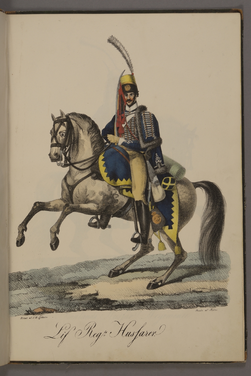 Kjell Hedberg, Plansch med uniform för Livregementets husarer. Handkolorerad litografi efter original av Johan Sjöholm. Ingår i planschsamlingen Kongliga svenska arméens uniformer utgiven som stentryck av Müller 1825.