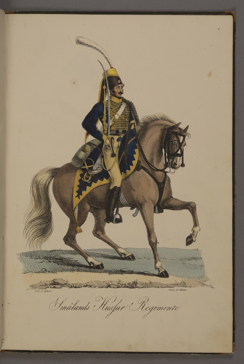 Kjell Hedberg, Plansch med uniform för Smålands husarregemente . Handkolorerad litografi efter original av Johan Sjöholm. Ingår i planschsamlingen Kongliga svenska arméens uniformer utgiven som stentryck av Müller 1825.