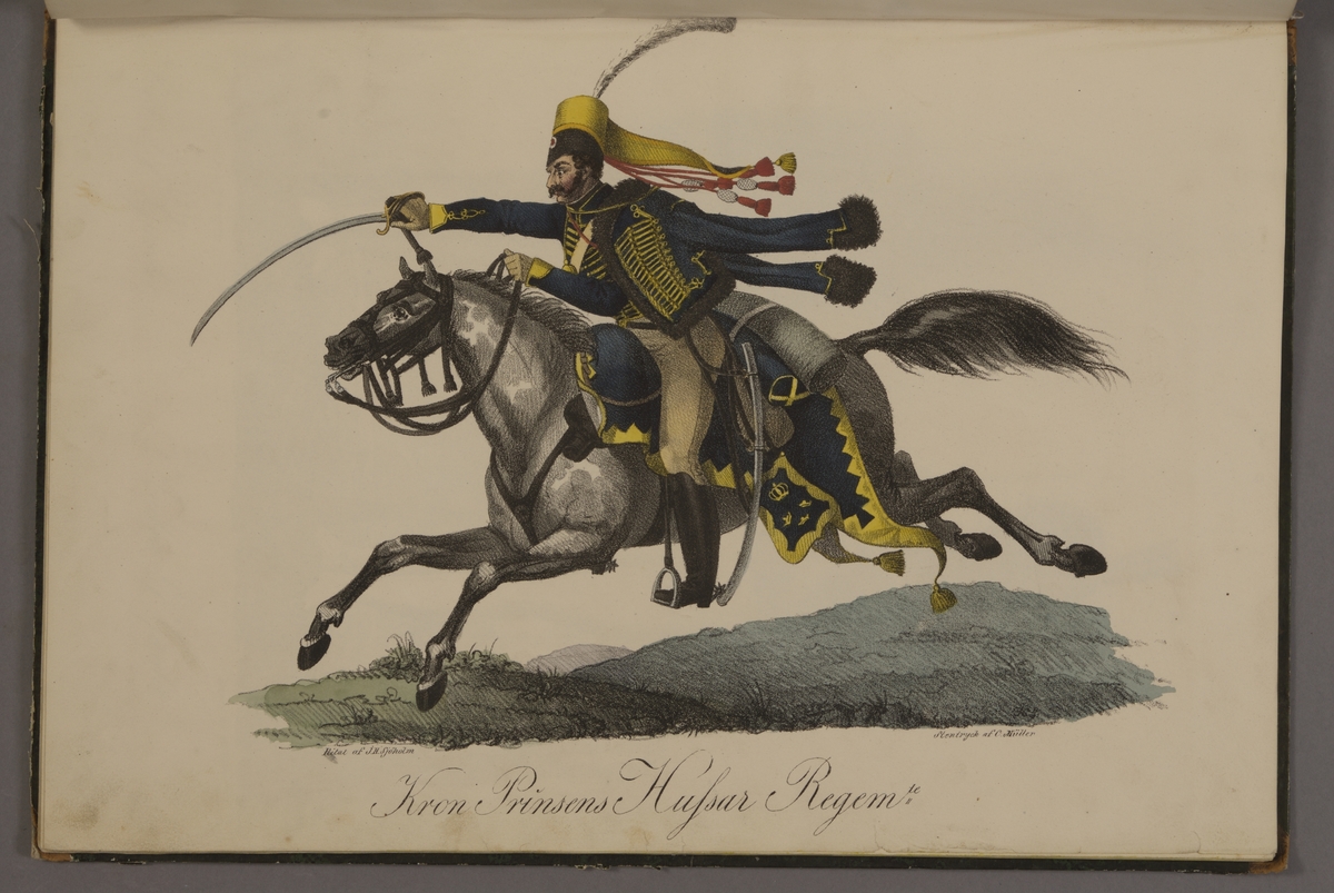 Kjell Hedberg, Plansch med uniform för Kronorinsens husarregemente. Plansch i färgtryck efter original av Johan Sjöholm. Ingår i planschsamlingen Kongliga svenska arméens uniformer utgiven som stentryck av Müller 1825.