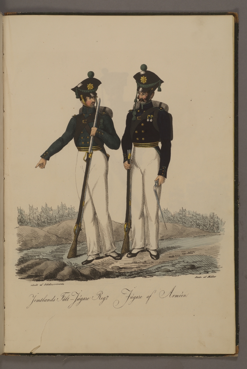Kjell Hedberg, Plansch med uniform för Jämtlands fältjägarregemente och Infanteriets jägare. Handkolorerad litografi efter original av Adolf Ulrik Schützercrantz. Ingår i planschsamlingen Kongliga svenska arméens uniformer utgiven som stentryck av Müller 1825.