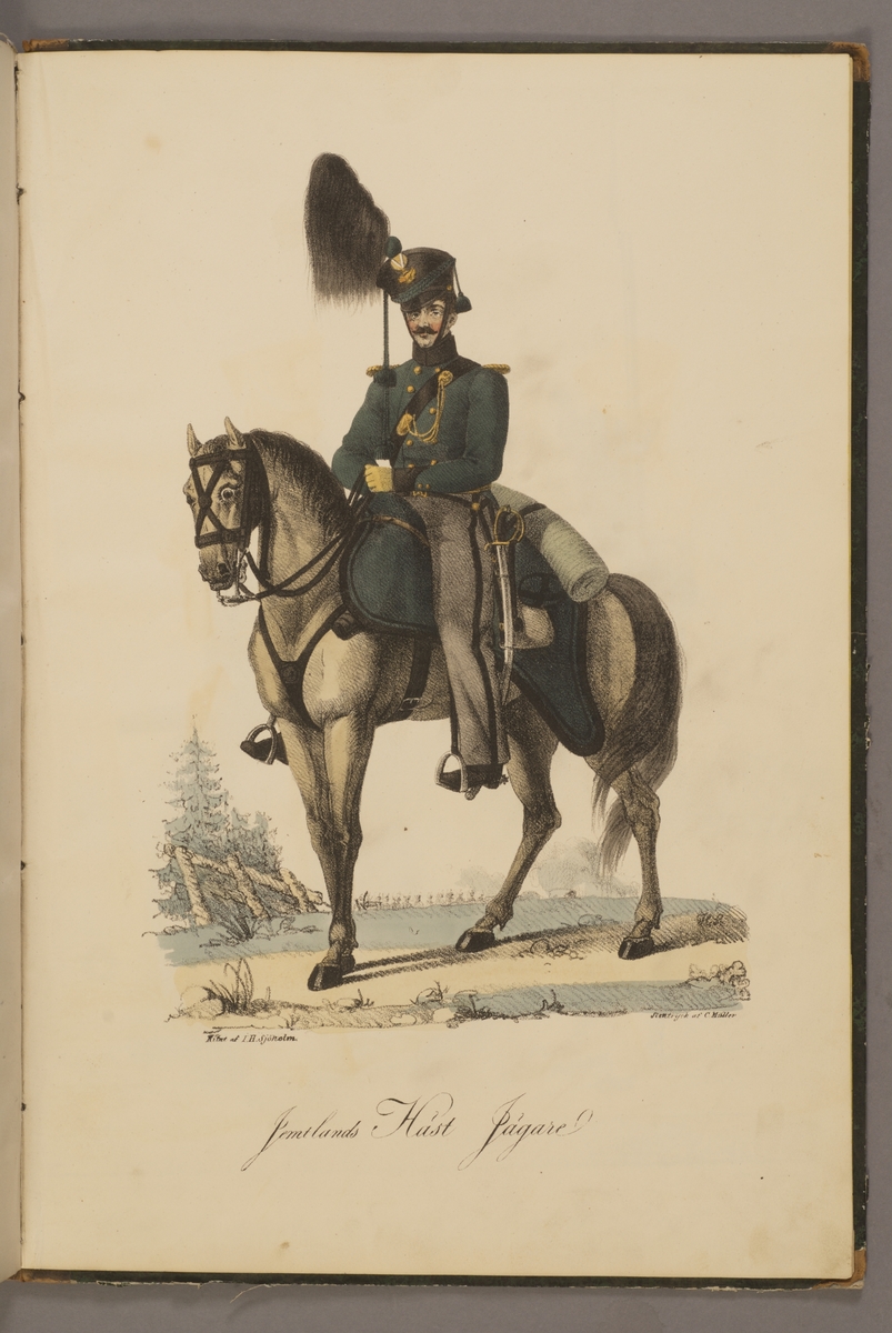 Kjell Hedberg, Plaque with uniform for the horse hunter corps of Jämtland. Hand colorated lithography after original by Johan Henric Sjöholm. Included in the collection of the Swedish Royal Army Uniforms issued by Müller in 1825.