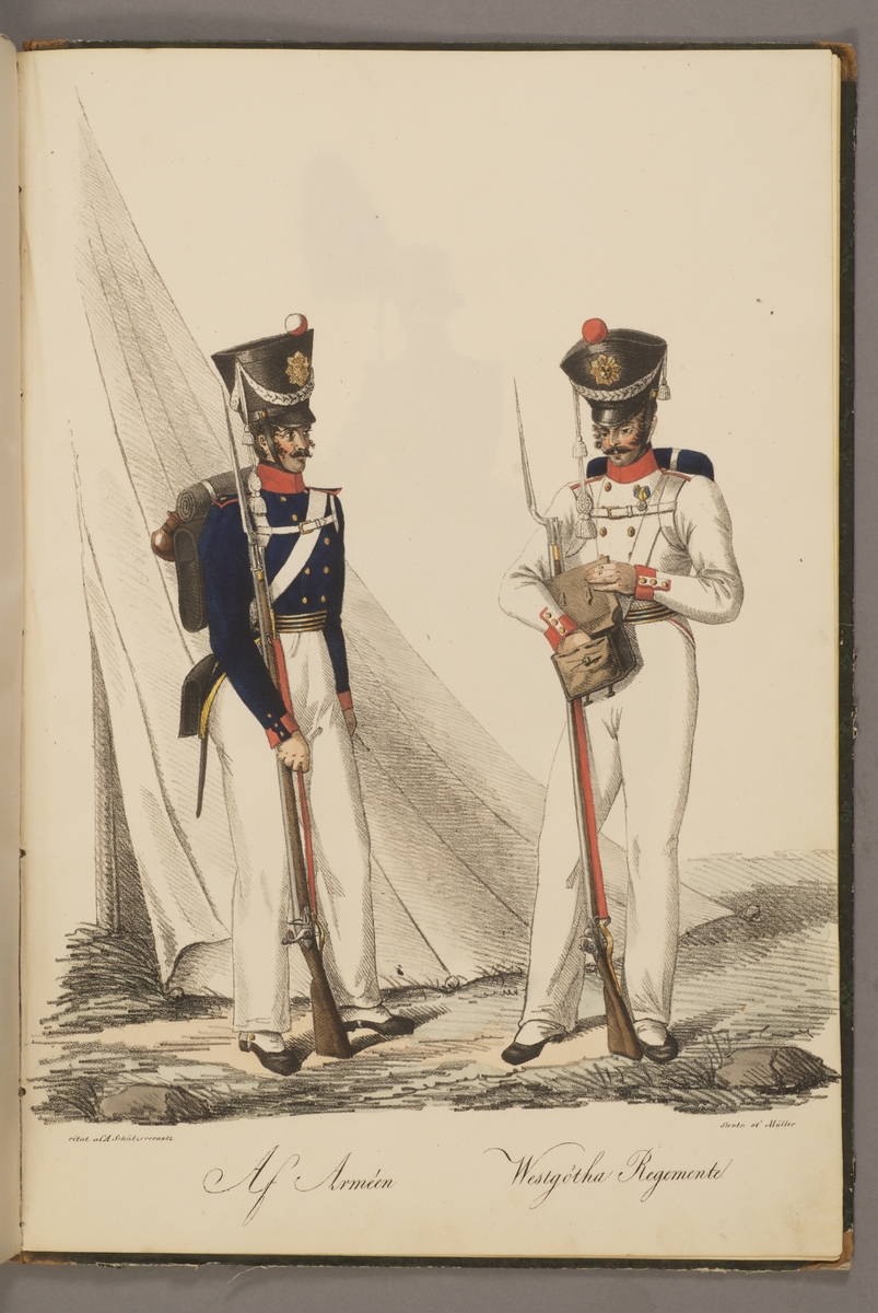 Kjell Hedberg, Plansch med uniform för Armén och Västgöta regemente. Handkolorerad litografi efter original av Adolf Ulrik Schützercrantz. Ingår i planschsamlingen Kongliga svenska arméens uniformer utgiven som stentryck av Müller 1825.