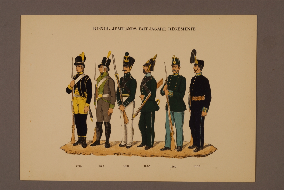 Kjell Hedberg, Plansch i färgtryck med uniform för Jämtlands fältjägarregemente för åren 1779-1888. Ingår i planschsamlingen Svenska krigsmaktens fordna och nuvarande munderingar utgiven av P.B Eklund 1900-1905.