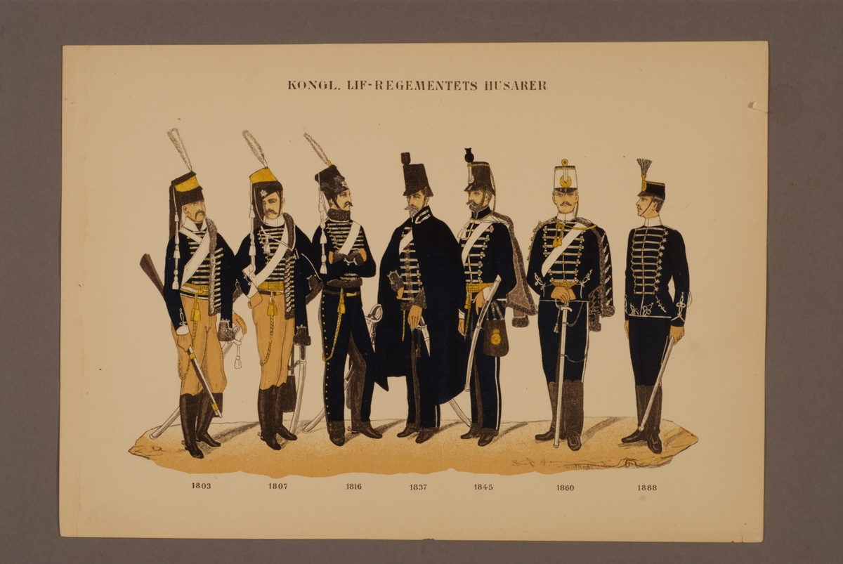 Kjell Hedberg, Plansch i färgtryck med uniform för Livregementets husarer för åren 1803-1888. Ingår i planschsamlingen Svenska krigsmaktens fordna och nuvarande munderingar utgiven av P.B Eklund 1900-1905.