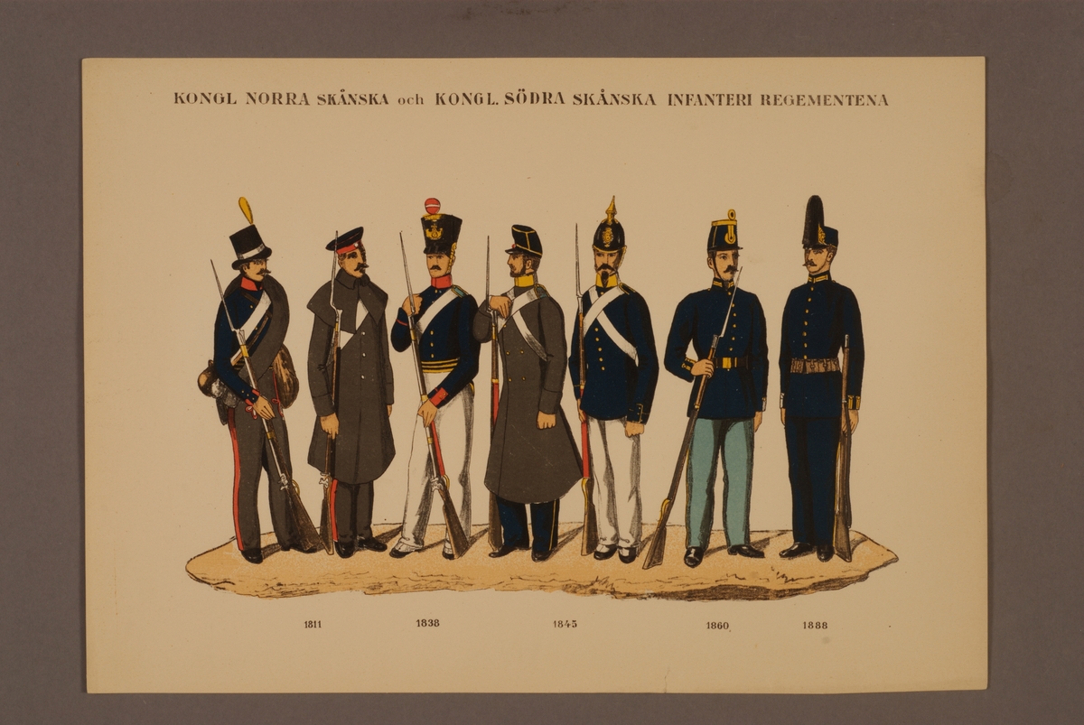 Kjell Hedberg, Plansch i färgtryck med uniform för Norra och Södra skånska infanteri regementena för åren 1811-1888. Ingår i planschsamlingen Svenska krigsmaktens fordna och nuvarande munderingar utgiven av P.B Eklund 1900-1905.