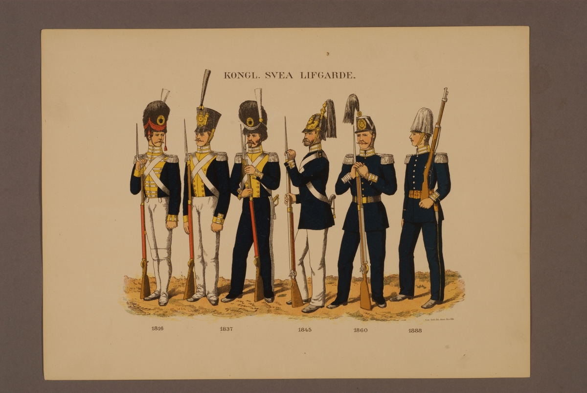 Kjell Hedberg, Plansch i färgtryck med uniform för Svea Livgarde för åren 1816-1888. Ingår i planschsamlingen Svenska krigsmaktens fordna och nuvarande munderingar utgiven av P.B Eklund 1900-1905.