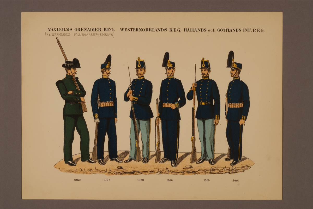 Kjell Hedberg, Plansch i färgtryck med uniform för Vaxholms grenadjärregemente, Västernorrlands, Hallands och Gotlands infanteriregementen för åren 1860 och 1904. Ingår i planschsamlingen Svenska krigsmaktens fordna och nuvarande munderingar utgiven av P.B Eklund 1900-1905.