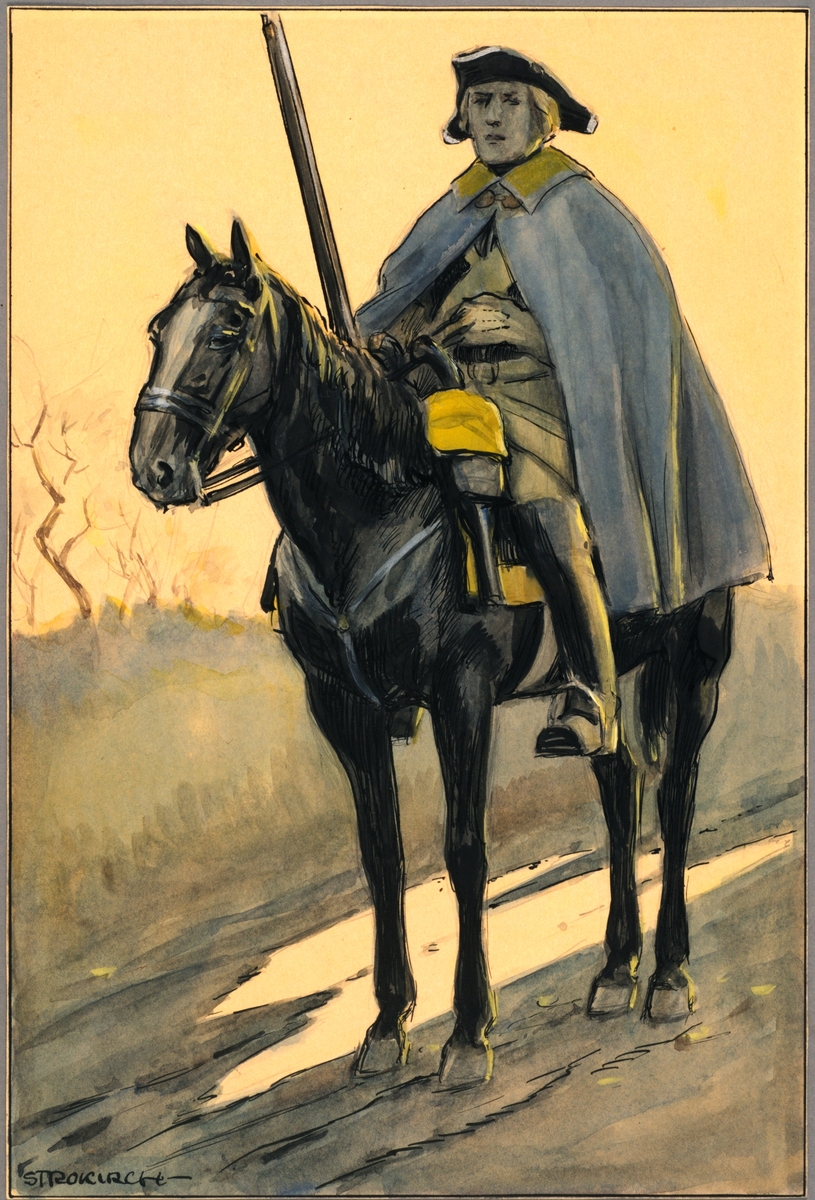 Kjell Hedberg, Plansch med uniform för ryttare vid Västgöta kavalleriregemente 1700-tal, ritad av Einar von Strokirch.
