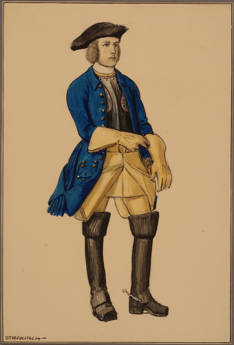 Kjell Hedberg, Plansch med uniform för officer vid Västgöta kavalleriregemente 1700, ritad av Einar von Strokirch.