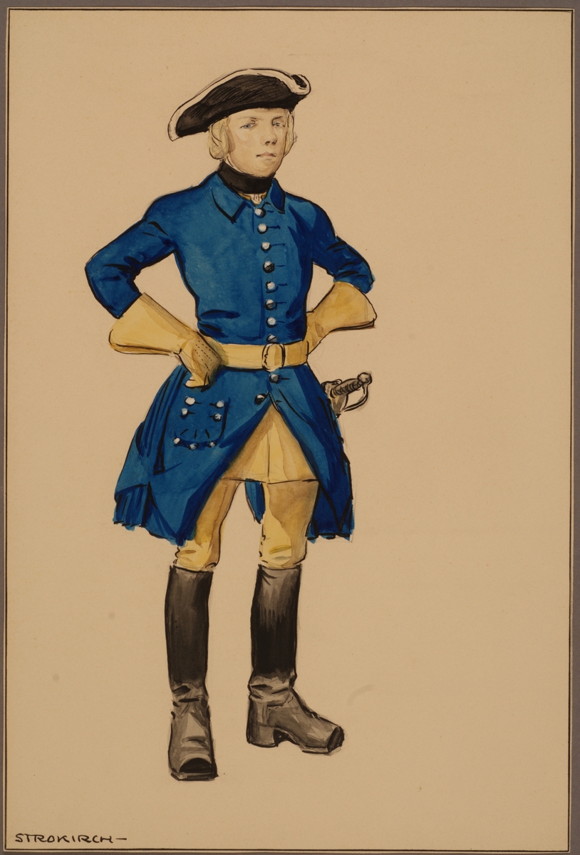 Kjell Hedberg, Plansch med uniform för trossdräng vid Västgöta kavalleriregemente tidigt 1700-tal, ritad av Einar von Strokirch.