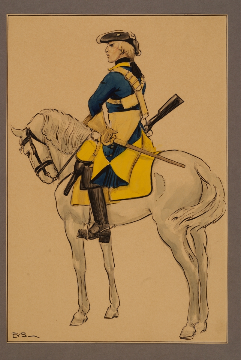 Kjell Hedberg, Plansch med uniform för ryttare vid Västgöta kavalleriregemente 1700-tal, ritad av Einar von Strokirch.