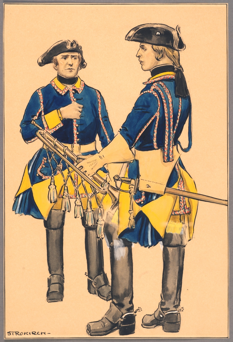 Kjell Hedberg, Plansch med uniform för trumpetare och regementspukslagare vid Västgöta kavalleriregemente tidigt 1700-tal, ritad av Einar von Strokirch.