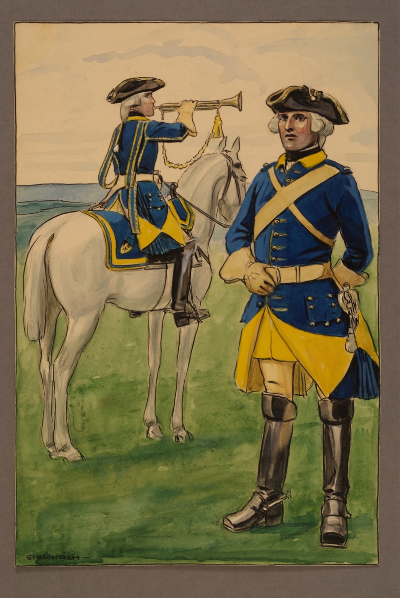 Kjell Hedberg, Plansch med uniform för trumpetare och underofficer vid Västgöta kavalleriregemente 1748, ritad av Einar von Strokirch.