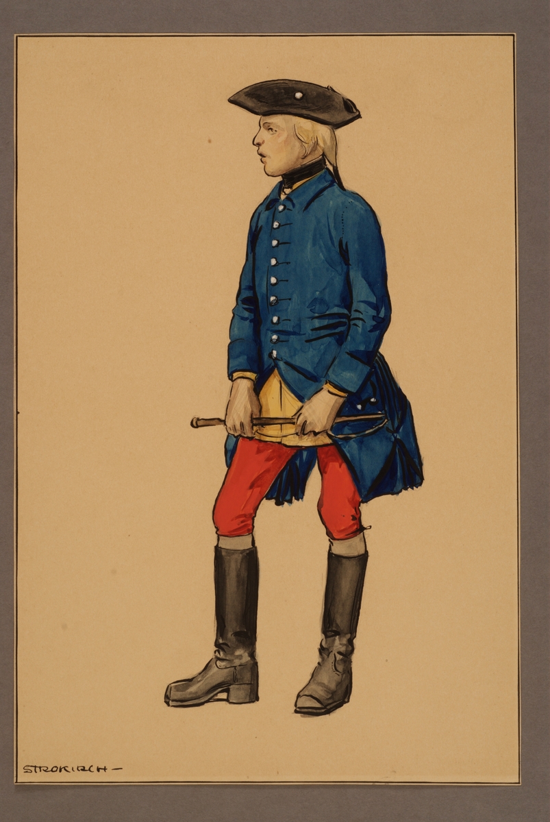 Kjell Hedberg, Plansch med uniform för trossdräng vid Västgöta kavalleriregemente 1761, ritad av Einar von Strokirch.