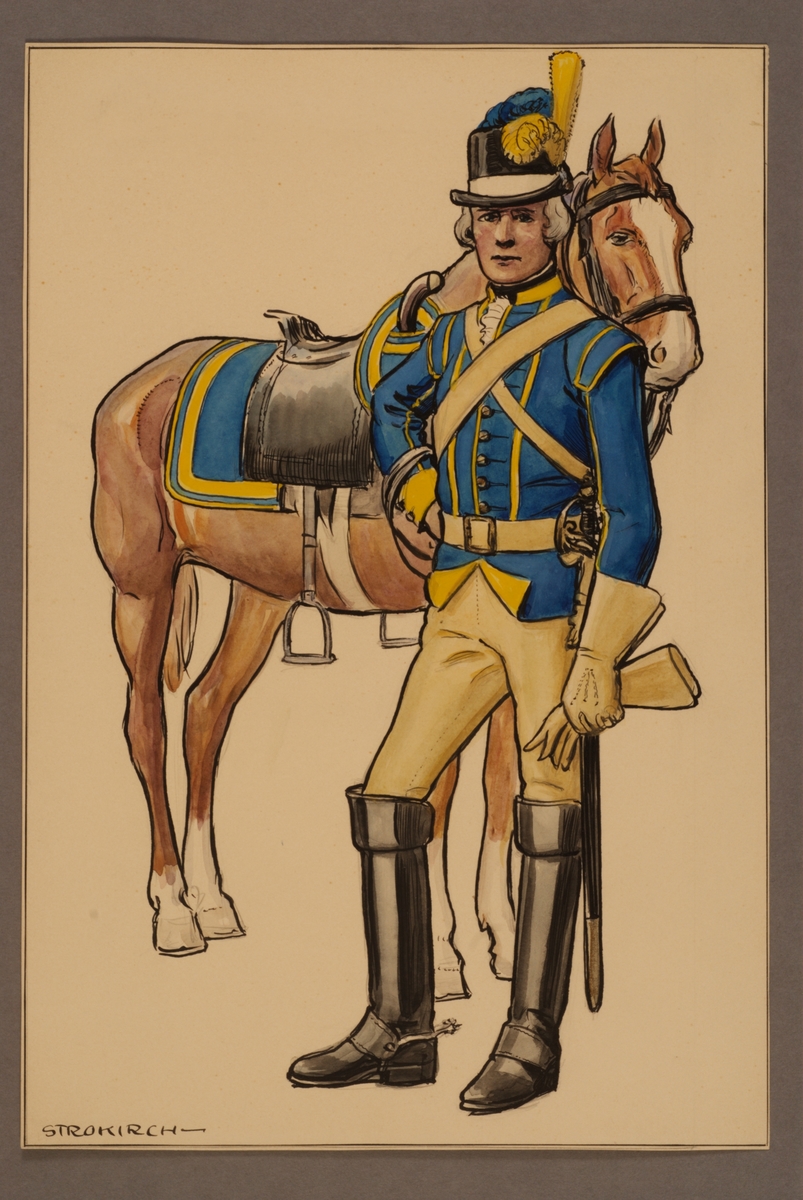 Kjell Hedberg, Plansch med uniform för ryttare vid Västgöta kavalleriregemente 1778, ritad av Einar von Strokirch.