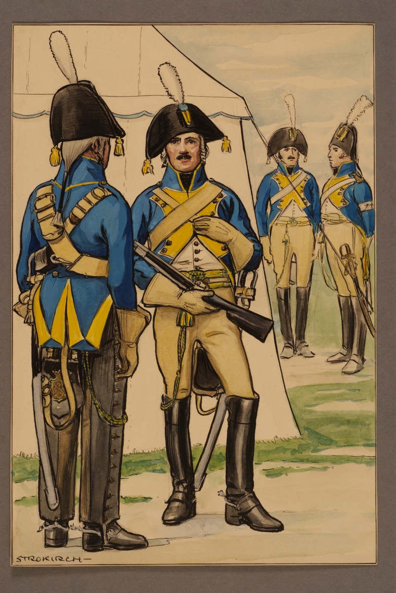 Kjell Hedberg, Plansch med uniform för dragoner, underofficer och officer vid Västgöta linjedragonregemente 1794, ritad av Einar von Strokirch.