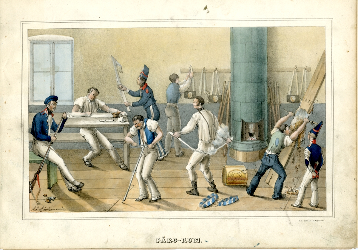 Kjell Hedberg, Soldiers in the ferry room. Lithography in colour printing after original by Adolf Ulrik Schützercrantz. Included in the collection Scenes from Soldier Life.