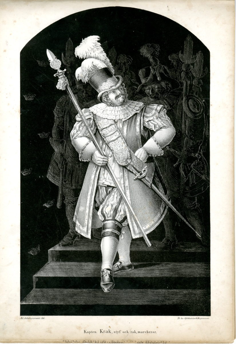 Kjell Hedberg, Plansch med text "Kapten Krak, styv och rak, marscherar". Litografi i svartvitt efter original av Adolf Ulrik Schützercrantz. Ingår i planschsamlingen Scener ur soldatlivet.