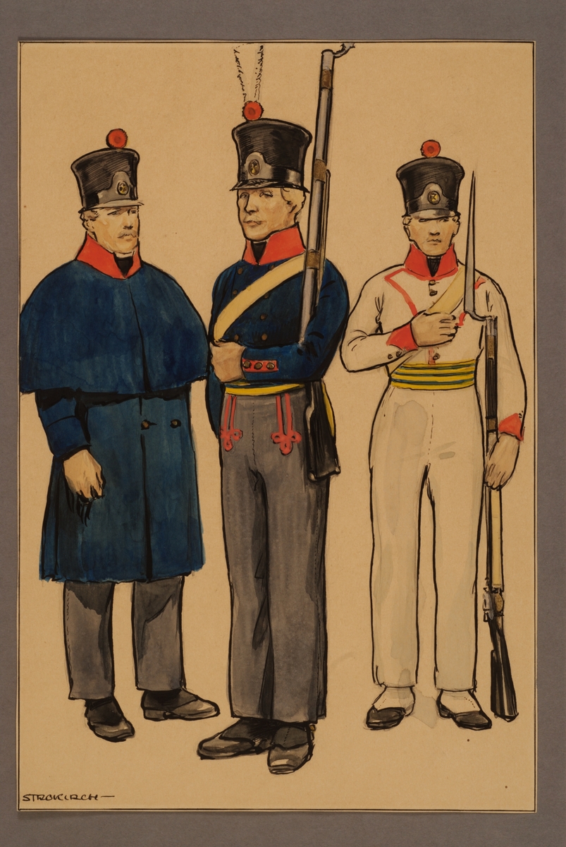 Kjell Hedberg, Plansch med uniform för soldater vid Västgöta regemente 1812, ritad av Einar von Strokirch.