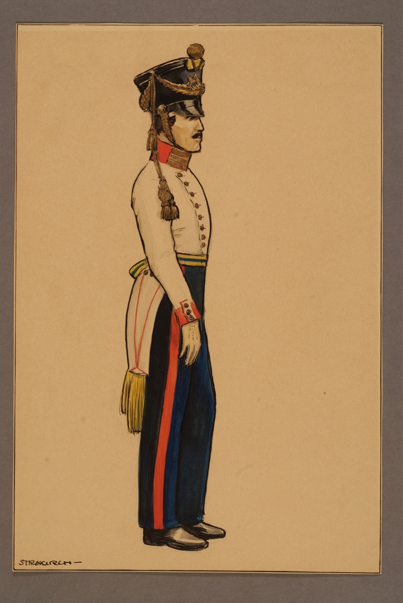 Kjell Hedberg, Plansch med uniform för officer (kapten) vid Västgöta regemente i vit frack 1821, ritad av Einar von Strokirch.