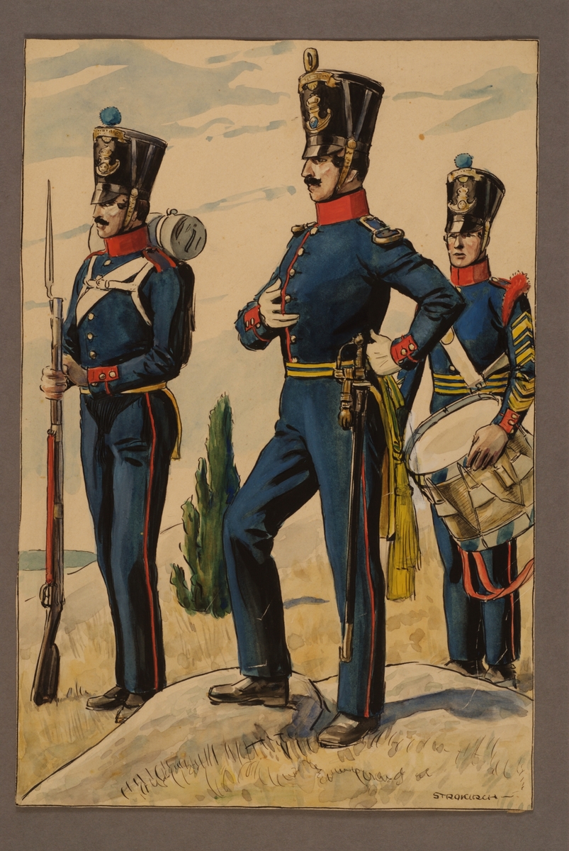 Kjell Hedberg, Plansch med uniform för officer och soldat vid Västgöta regemente 1838, ritad av Einar von Strokirch.