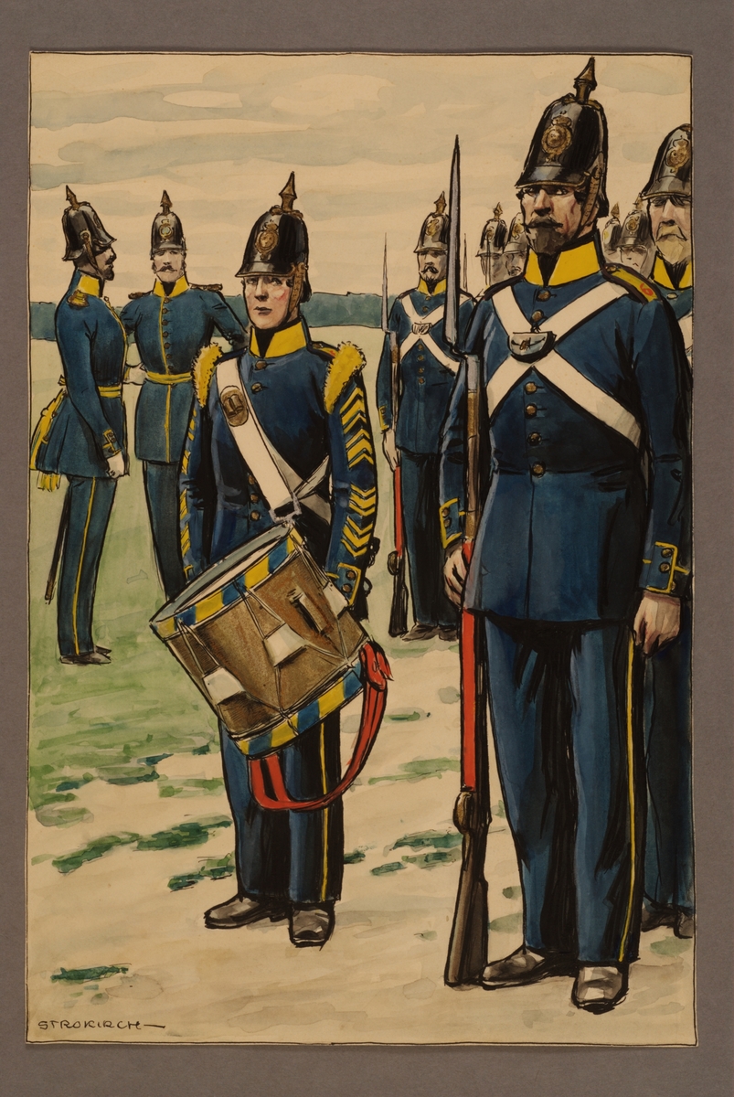 Kjell Hedberg, Plansch with a uniform for officer and soldiers at West Göta regiment 1845, drawn by Einar von Strokirch.