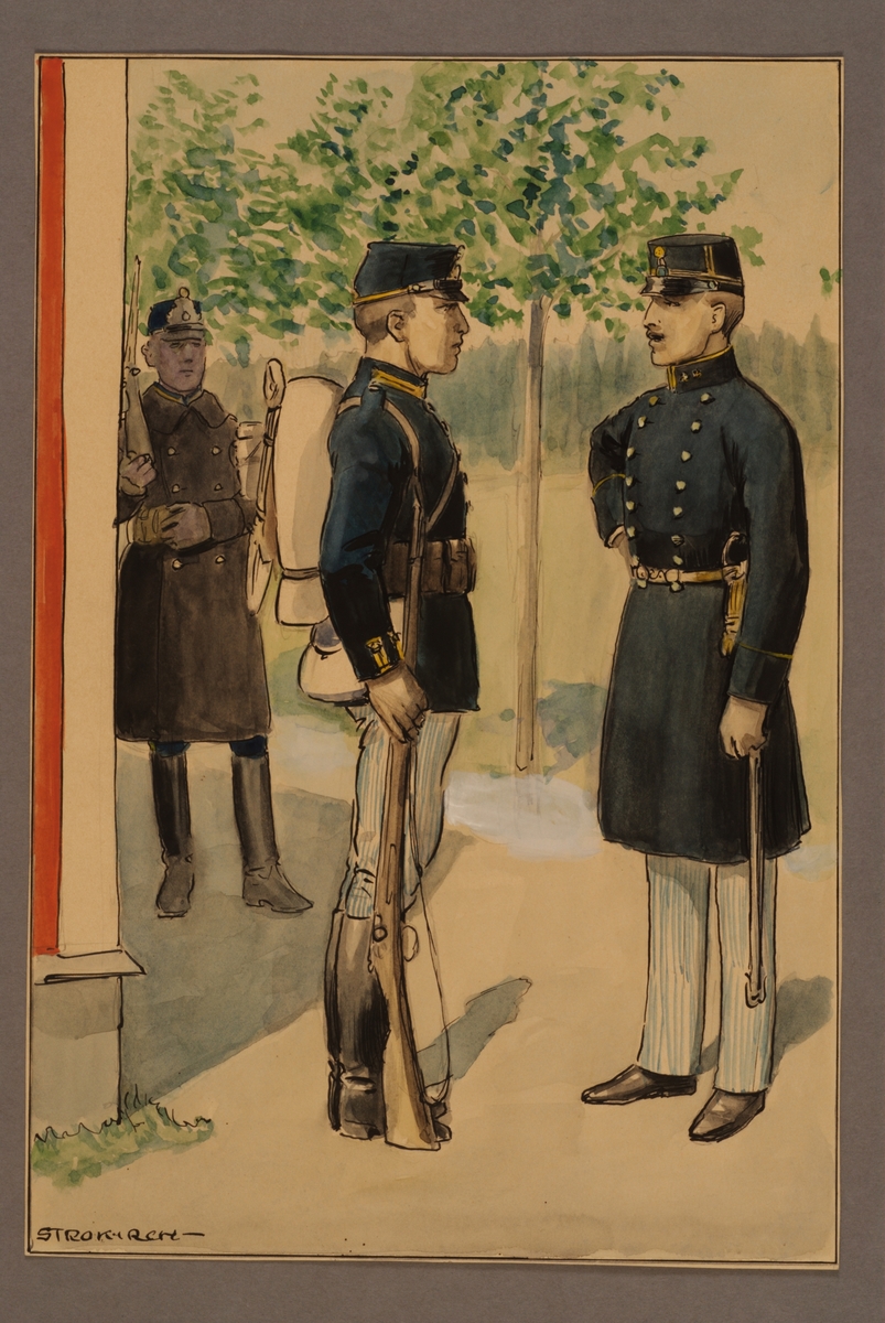Kjell Hedberg, Plansch med uniform för officer och meniga vid Västgöta regemente 1886, ritad av Einar von Strokirch.