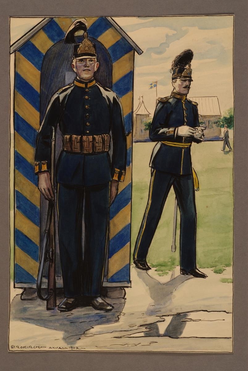 Kjell Hedberg, Plansch med uniform för soldat och officer vid Västgöta regemente 1900, ritad av Einar von Strokirch.
