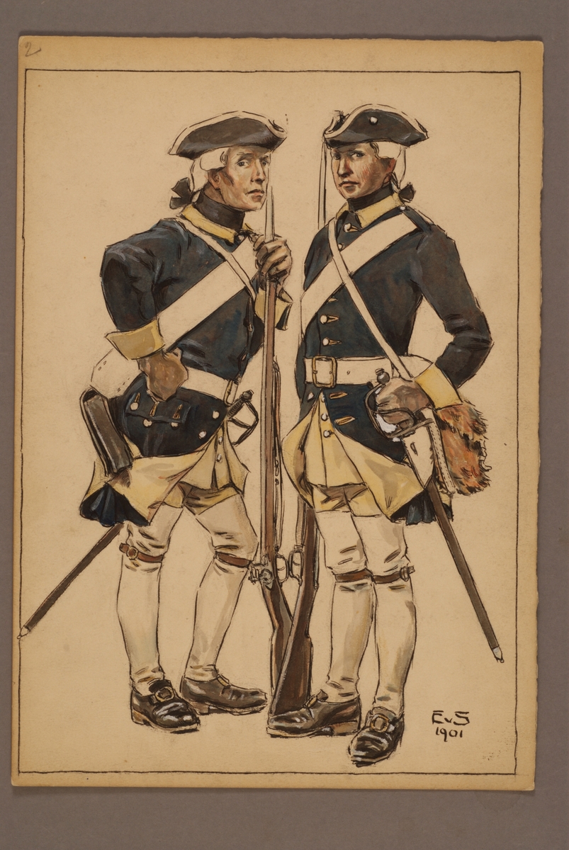 Kjell Hedberg, Plansch med uniform för grenadjärer vid Indelta linjeinfanteriet 1756, ritad av Einar von Strokirch.