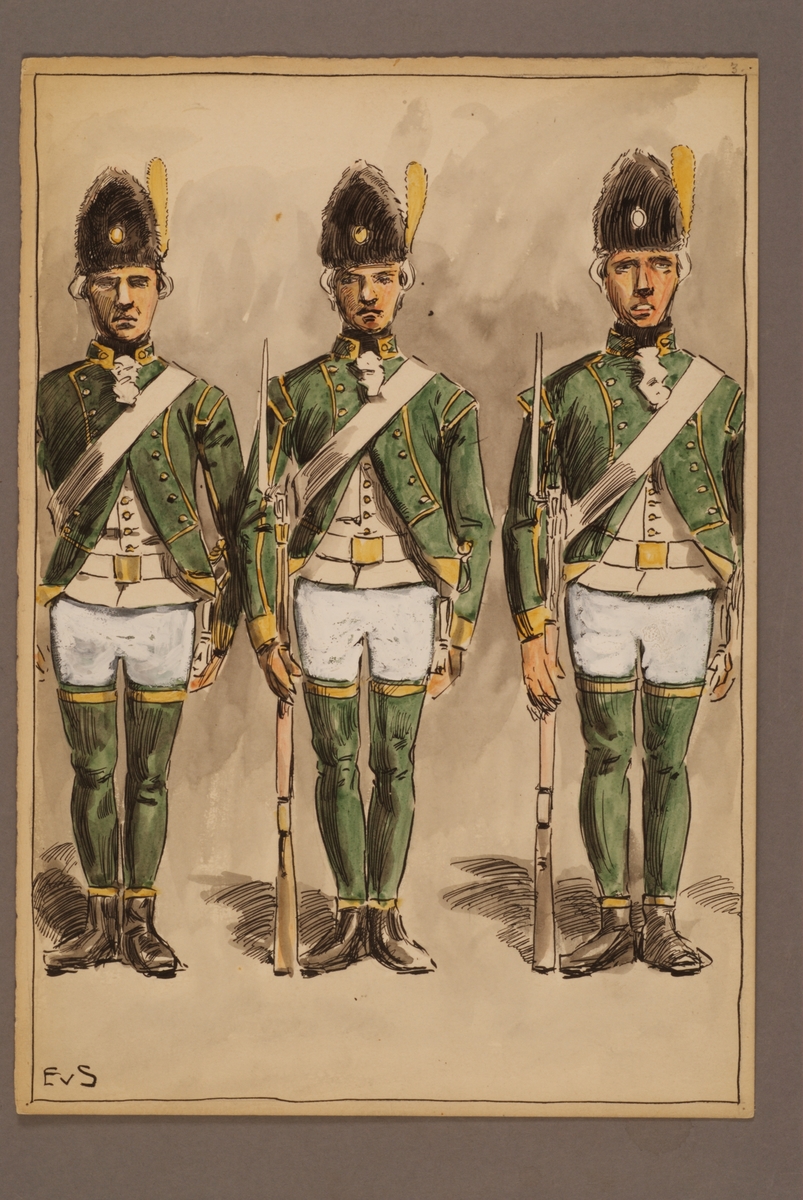 Kjell Hedberg, Plansch med uniform för Infanteriets jägare 1779, ritad av Einar von Strokirch.