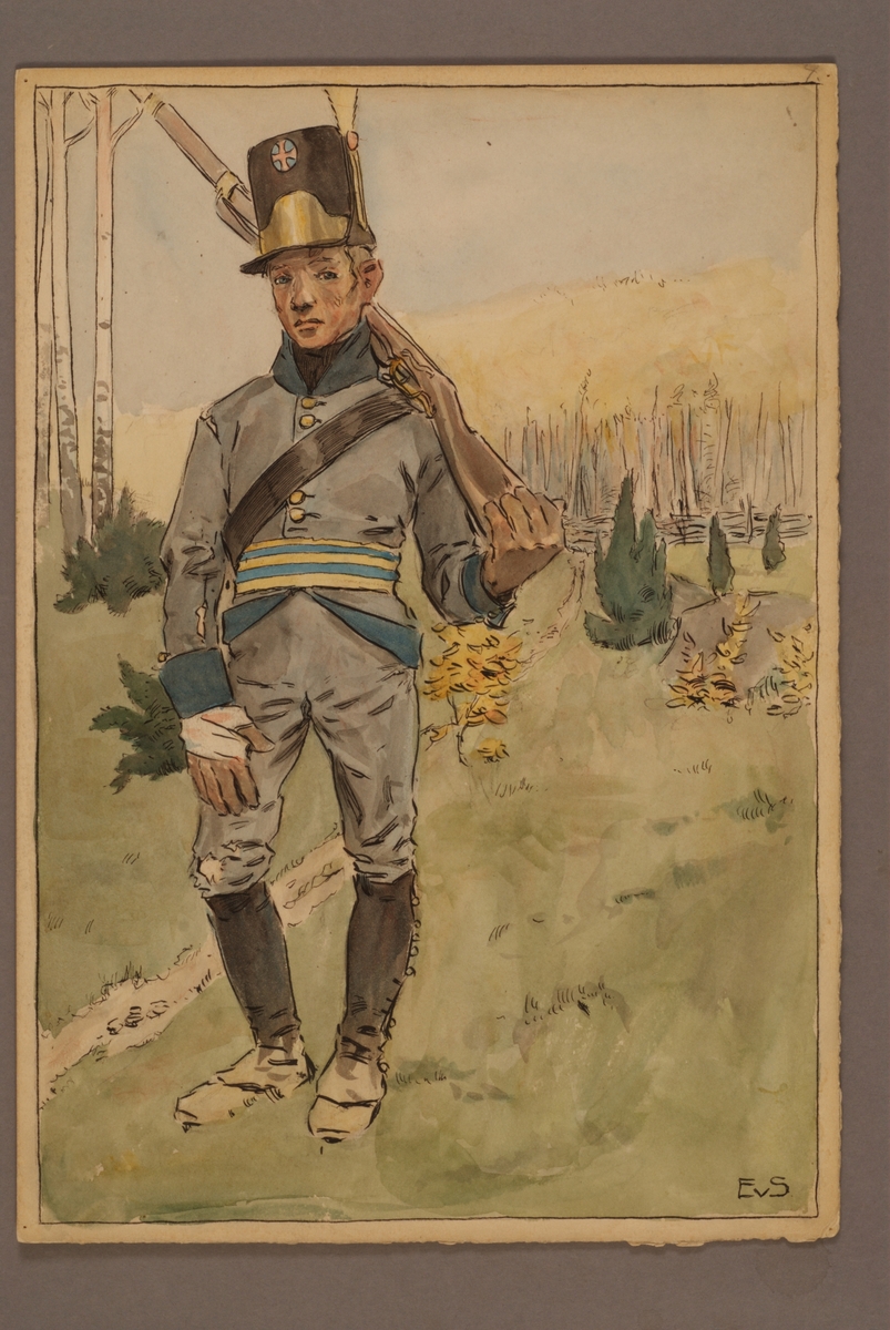 Kjell Hedberg, Plansch med uniform för Infanteriets jägare 1806, ritad av Einar von Strokirch.