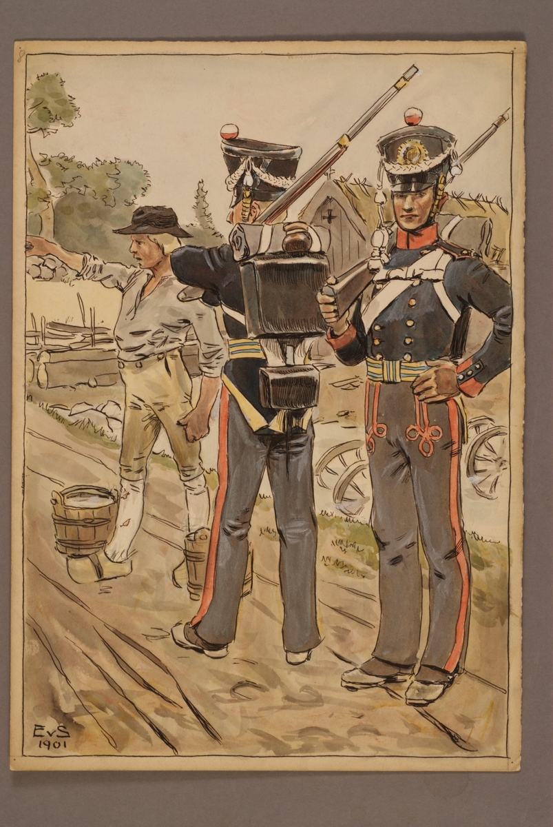 Kjell Hedberg, Plansch with uniform for the Indelta Line Infantry, drawn by Einar von Strokirch.