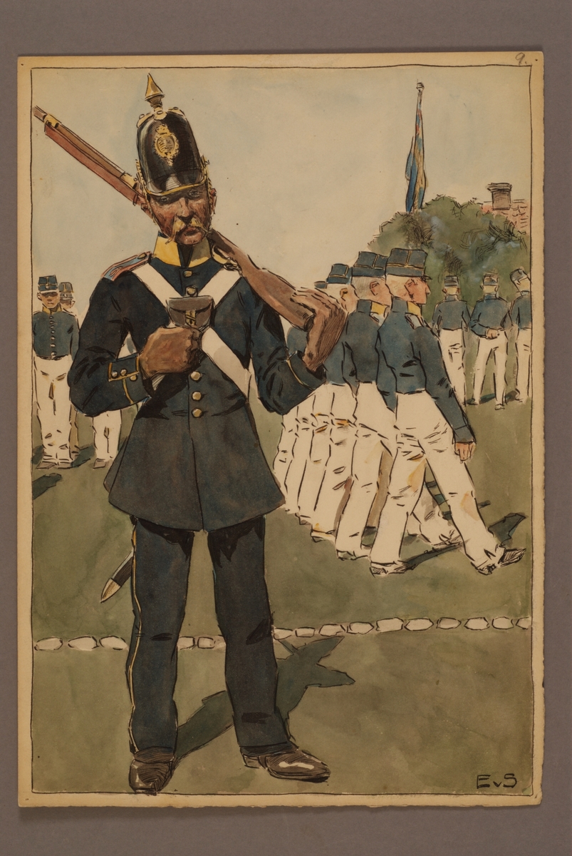 Kjell Hedberg, Plansch med uniform för infanteri, ritad av Einar von Strokirch.
